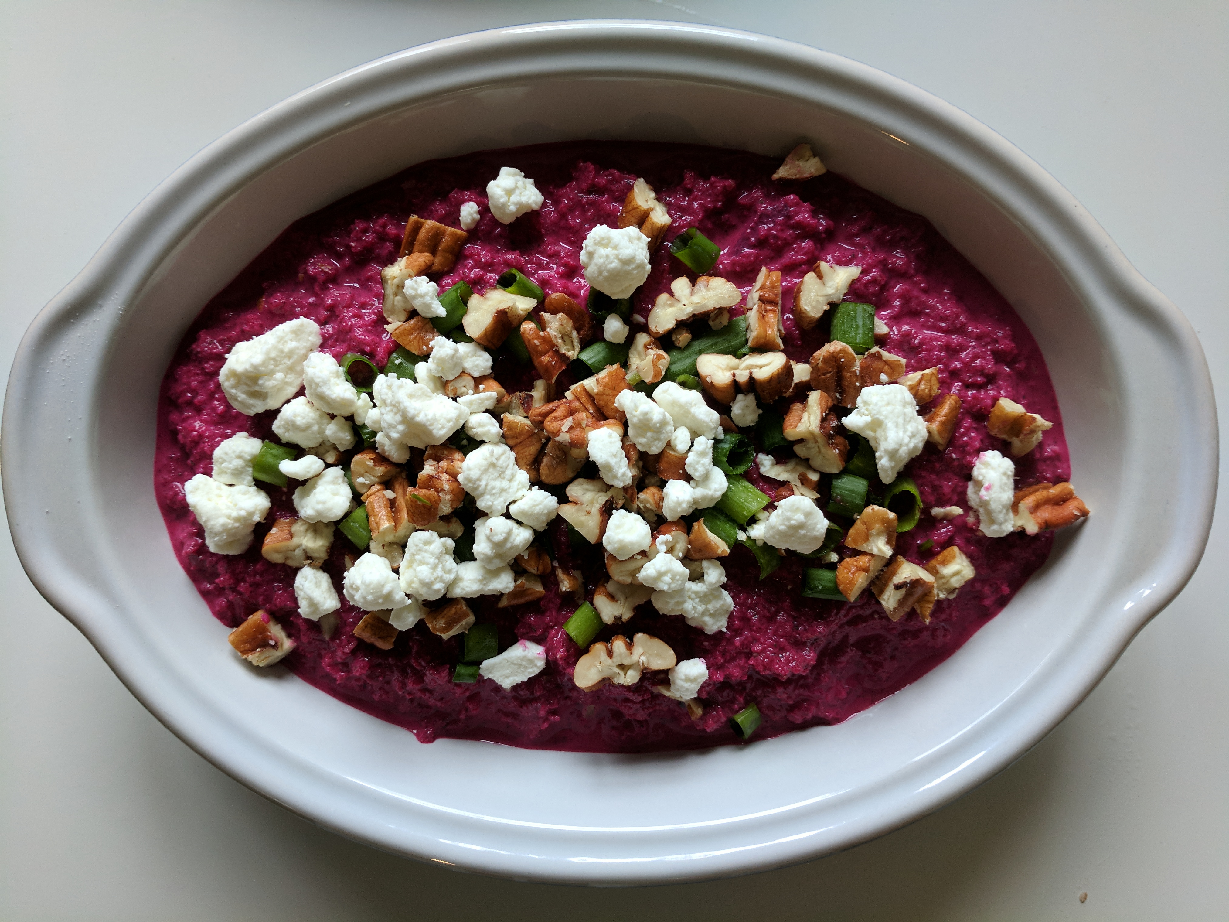 Beet, goat cheese, pecan dip for eating with pita